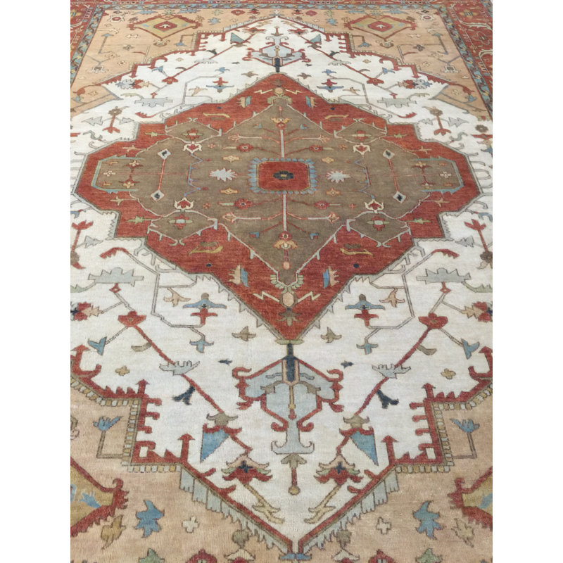Tapis décoratif en laine de conception unique ivoire 8 pi 11 po x 11 pi 11 po noué à la main new age