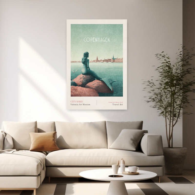 Copenhagen - Little Mermaid Classic Retro Serene City Coastal Wall Art Print by Emel Tunaboylu - Wrapped Canvas Print