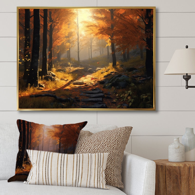 Forêt, sérénité, après-midi, lumière du soleil en automne sur toile, H 16 po x l 32 po x P 1 po, Cadre flottant doré