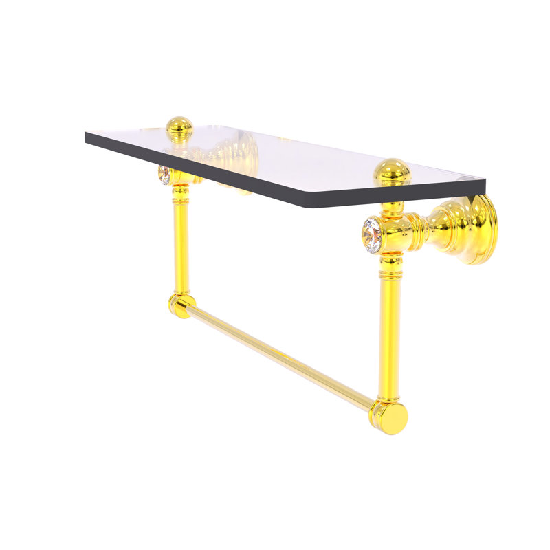 Freyja Glass Bracket Shelf with Towel Bar, 5.54" H x 16" W x 7" D, Polished Brass