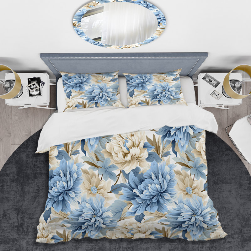 Ensemble de housse de couette blanc et bleu Damask Breeze I - Damask, Housse de couette simple + 1 taie décorative stan