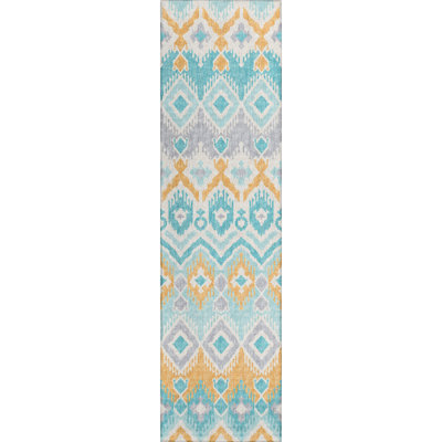 Tapis bleu / orange / blanc tissé à la machine Ikat