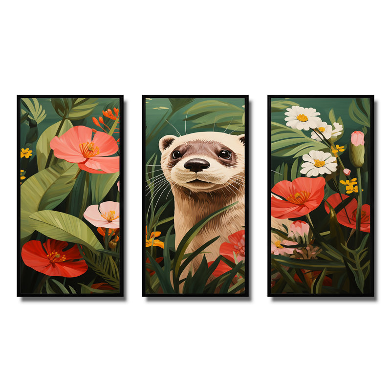 Loutre ludique en fleurs tropicales I - loutre, art mural, Cadre flottant noir, H 28 po x l 36 po
