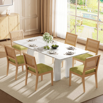 Ensemble de table et de chaises de salle à manger rectangulaires en rotin rembourré, 198 cm (78 po), style ferme mi-siècle, pour coin repas dans la cuisine.