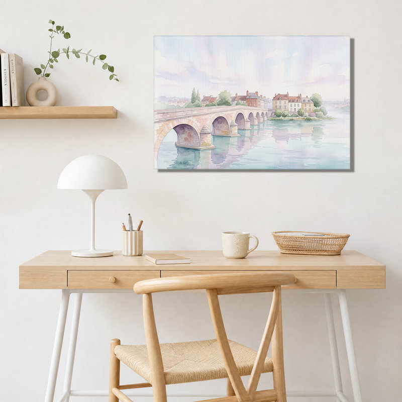 Tableau sur toile aquarelle Pont de pierre enjambant une ville fluviale, H 20 po x l 30 po