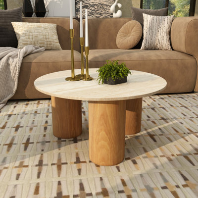 Table basse de salon en bois Cole et gris avec plateau en marbre beige