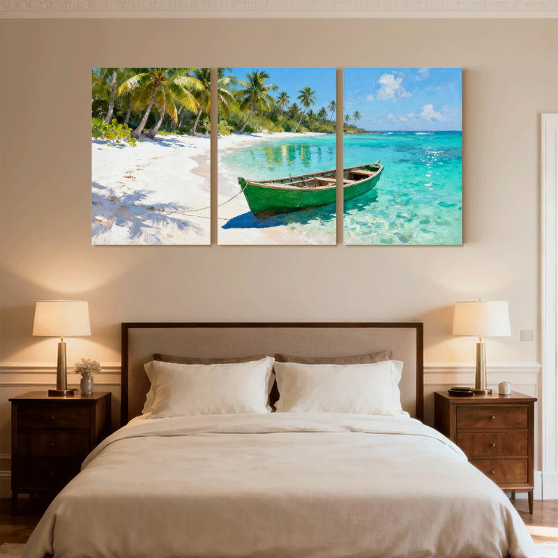 Nautique et plage, plage tropicale, bateau, palmiers, eau claire, ensemble de 3 toiles murales, L 18 po x l 36 po