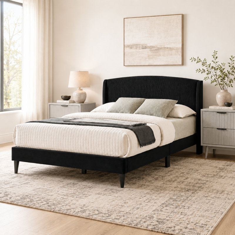 Jolande Contemporary Queen Upholstered Bed with Curved Headboard, Queen, Black