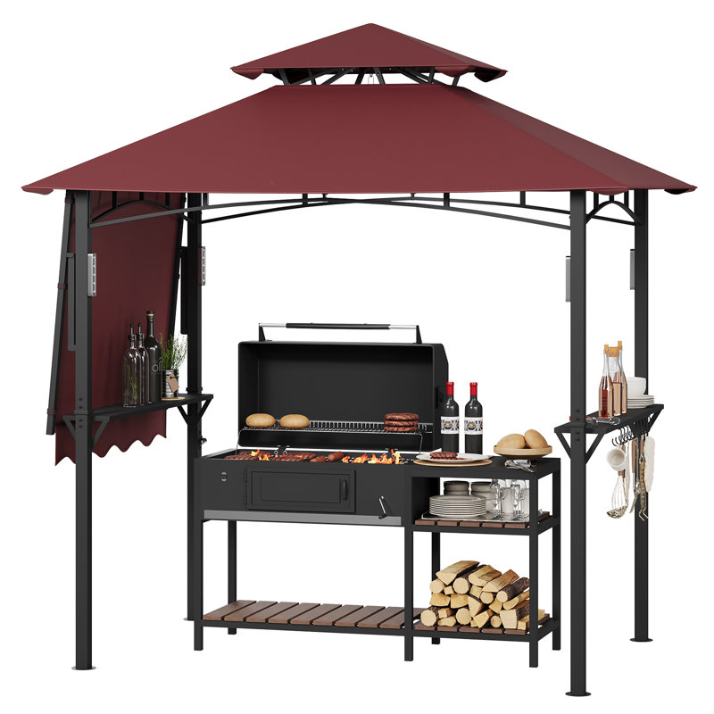 8x5 Grill Gazebo with Adjustable Dual Side Awnings, 2-Tier BBQ Shelter with Shelves Hooks LED Lights Ceiling Hook, Steel Frame BBQ Canopy, Claret
