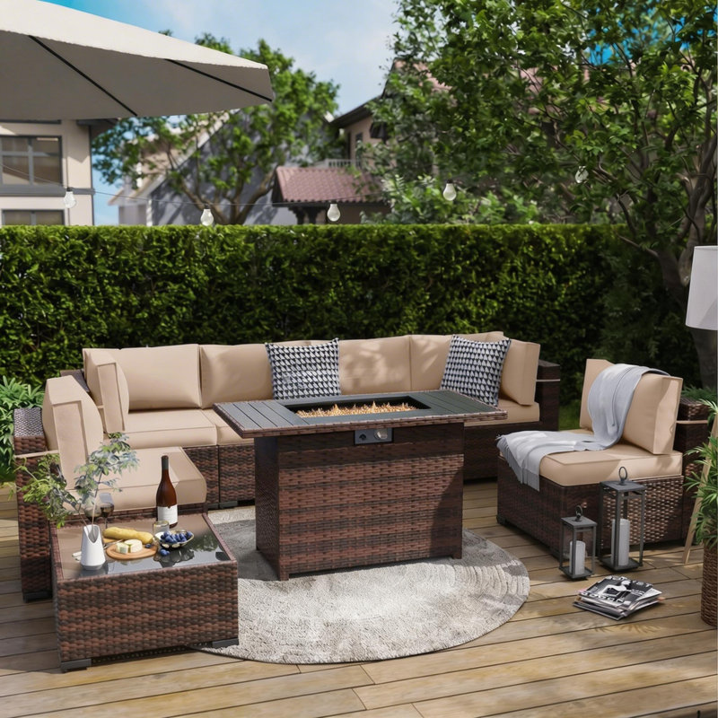Ensemble de conversation pour patio 8 pièces avec foyer d'extérieur Romanas, Kaki