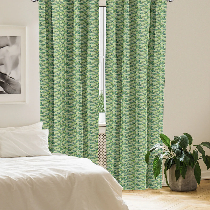 Green Palm Leaf Light Filtering Rod Pocket Curtain Panels