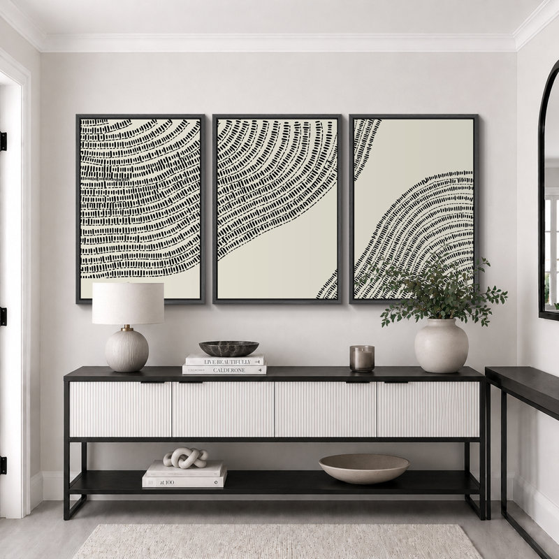 Line Art, géométrique, arbre en bois, anneau, impression sur toile, 3 pièces, H 36 po x l 72 po, Cadre flottant noir