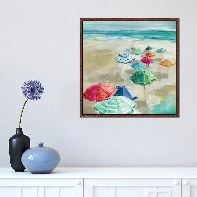 Umbrella Beach I by Carol Robinson - Painting on Canvas, 45.72 cm H x 45.72 cm W, Brown Framed