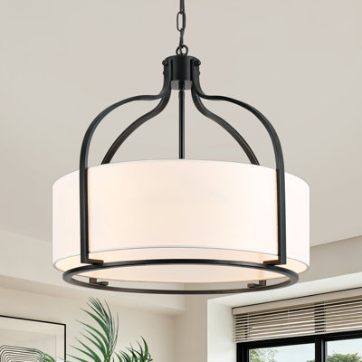5-Light Modern Farmhouse Drum Chandelier with White Fabric Shade for Kitchen Living Room Foyer Bedroom