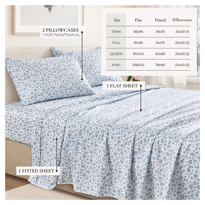 Soft Printed Microfiber Sheet Set, King Sheet Set with 2 Pillowcases, Vines Blue