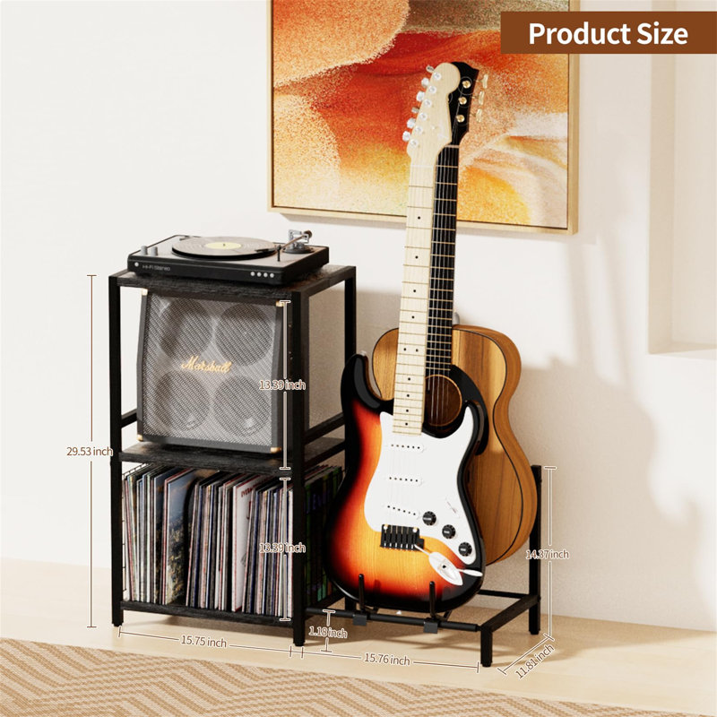 Guitar & Record Player Stand End Table With 2-Tier Vinyl Storage, Black, Black