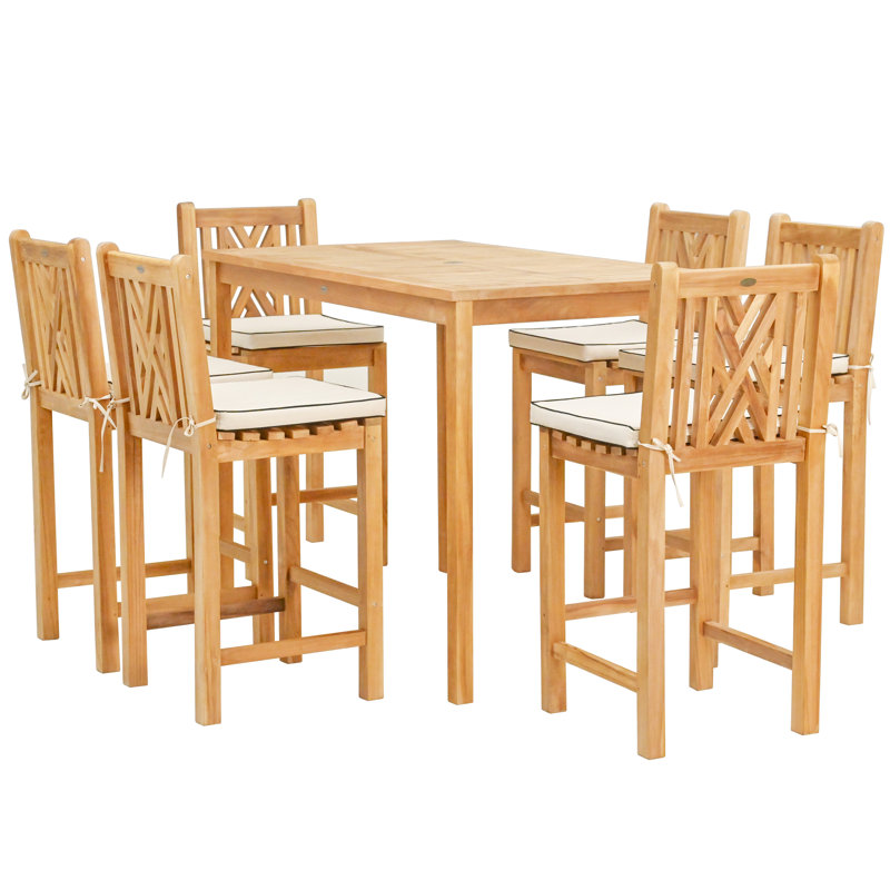 Outdoor 7 - Piece Teak Bar Height Dining Set with Cushions, 55" L x 35.5" W x 43" H