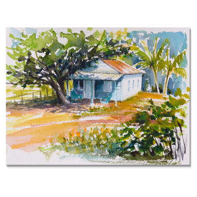 Bungalow bleu dans un jardin tropical - peinture sur toile