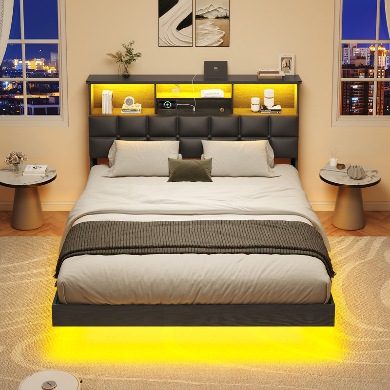 Cadre de lit flottant avec éclairage DEL et rangement dissimulé, lit plateforme rembourré avec tête de lit, station de chargement USB/Type-C, sommier non requis