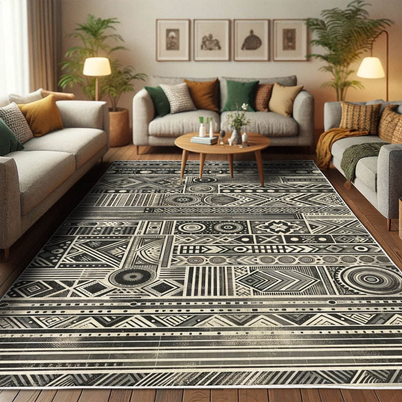 Charcoal Grey and Ivory Geometric Synthetic Area Rug 2'5" x 5'