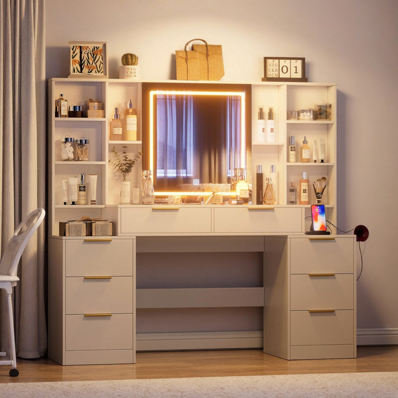 Meuble-lavabo à DEL 59 po - miroir à intensité variable 3 couleurs, 8 tiroirs à fermeture en douceur + tablettes ouvertes, plateau en verre trempé, finition blanc côtier américain