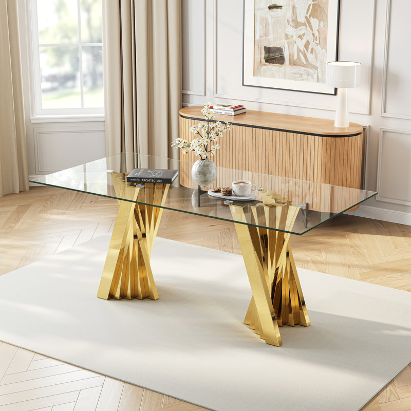 6 - Person Glass Top Double Pedestal Dining Set, Gold, White/Gold
