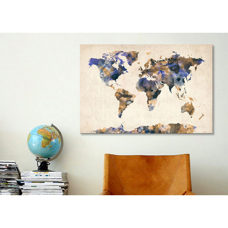 « urban aquarelle world map v », impression, Toile, H 12 po x l 18 po x P 1,5 po