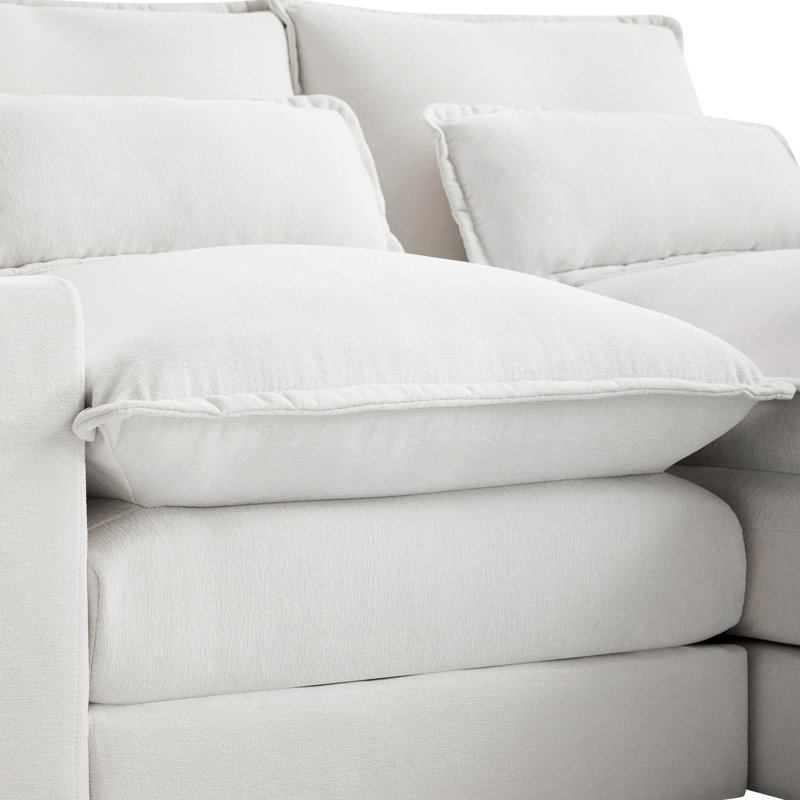 Console en chenille beige chaud, avec base et méridienne double coussin