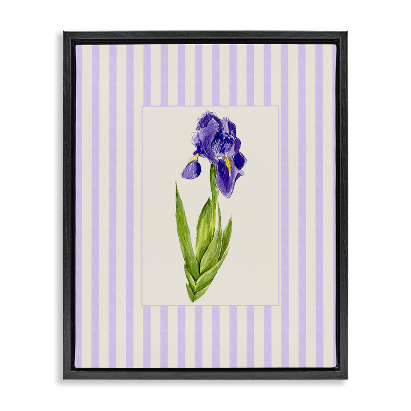 Cadre flottant mauve à rayures et iris, design par Lisa Wehmeyer, Cadre flottant noir de jais, H 21 po x l 17 po