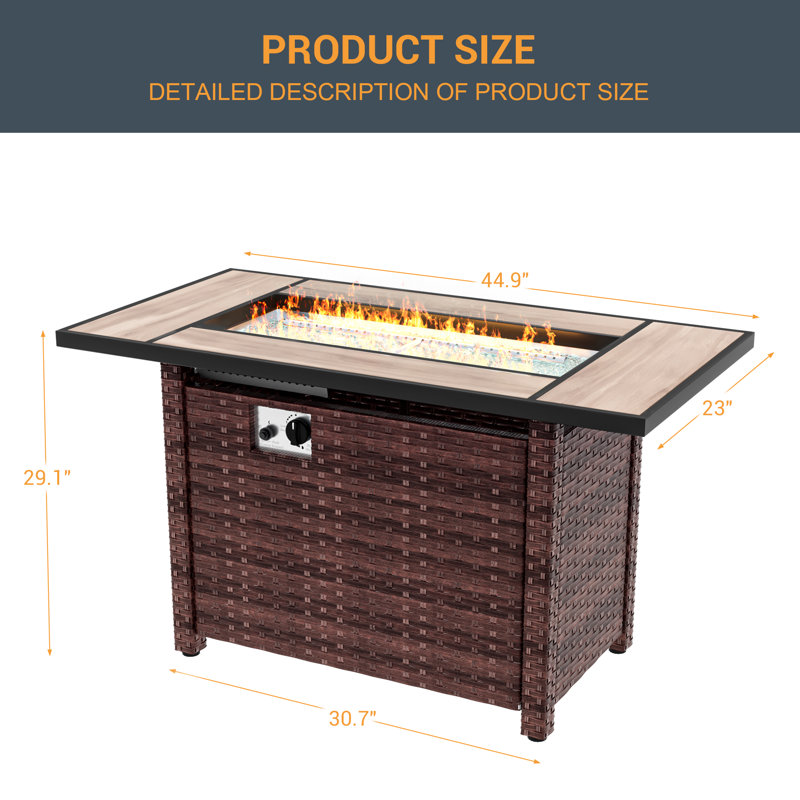 45'' Rectangular Patio Fire Pit Table with PE Rattan, Brown