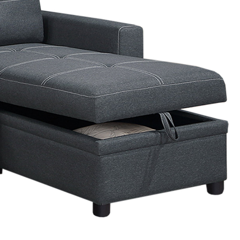 Linen-Like Fabric Upholstered Sectional With Storage Space In Charcoal