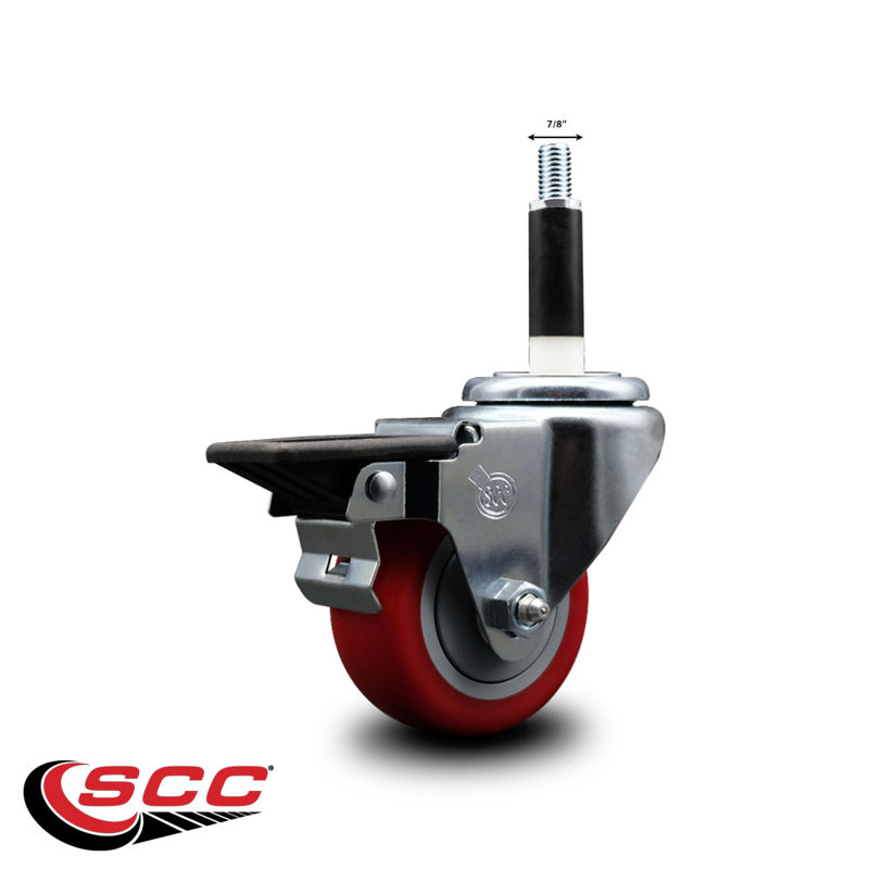 Roulettes pivotantes extensibles 3 po en poly rouge 7/8 po avec frein SCC