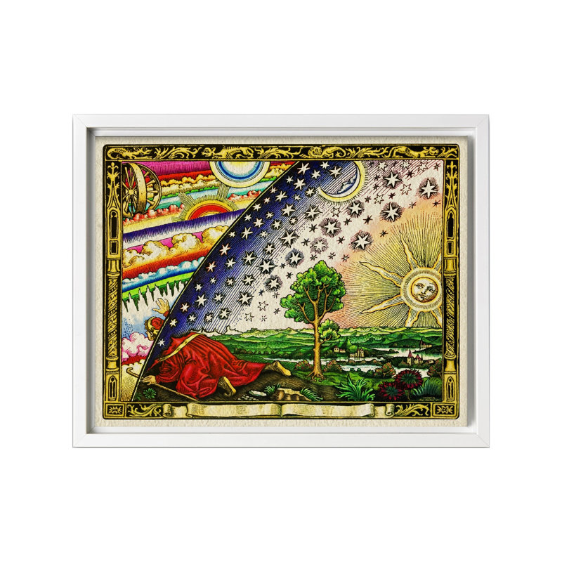 Flammarion gravant une carte de la terre, Canevas, Encadrement blanc, H 16 po x l 20 po