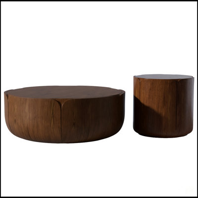 Ensemble de tables basses rondes pour l'intérieur et l'extérieur, table de centre tambour moderne à grain de bois, robuste et imperméable, sans assemblage pour le patio et le salon (ensemble de 2)