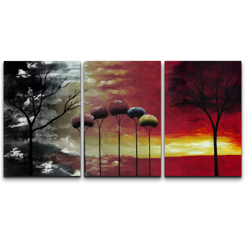 Moody rouge foncé et jaune arbre paysage abstrait nature aquarelle art moderne rustique, H 24 po x l 48 po
