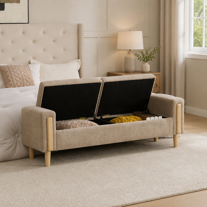 Banc de rangement moderne en chenille avec double couvercle et accoudoirs, Greige, Grège