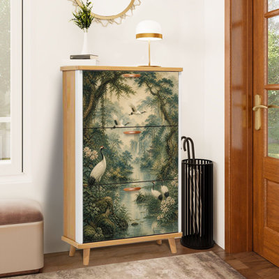 Minimalist Elegant Cranes Forest Landscape Waterfall Pagoda Shoe Storage Cabinet with 3 Flip Drawers Freestanding Shoe Rack Organizer Space Saving Footwear Storage Furniture for Entryway Hallway Bedroom Small Apartment Home Use