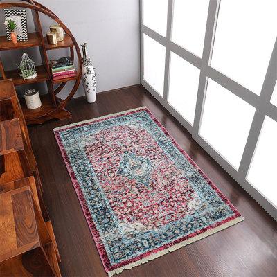Tapis rectangulaires en polyester fabriqués à la machine Crayton - couleur rouge, motif oriental, tapis à faible épaisseur faits à la machine pour le salon, la chambre à coucher