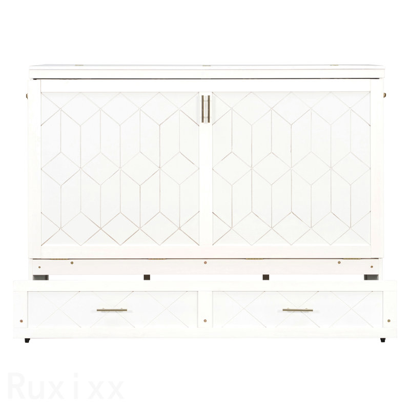 Grand lit escamotable mural avec tiroir et un ensemble de douilles et ports USB, blanc, White