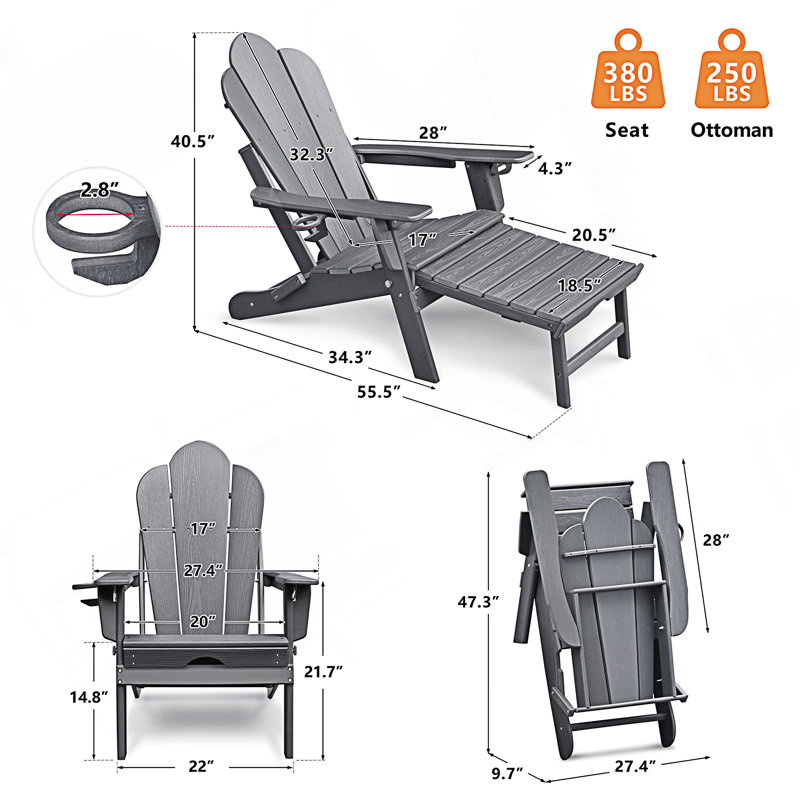 Chaise pliante Adirondack d'extérieur avec repose-pieds, chaise de foyer d'extérieur pliable en PEHD toutes saisons