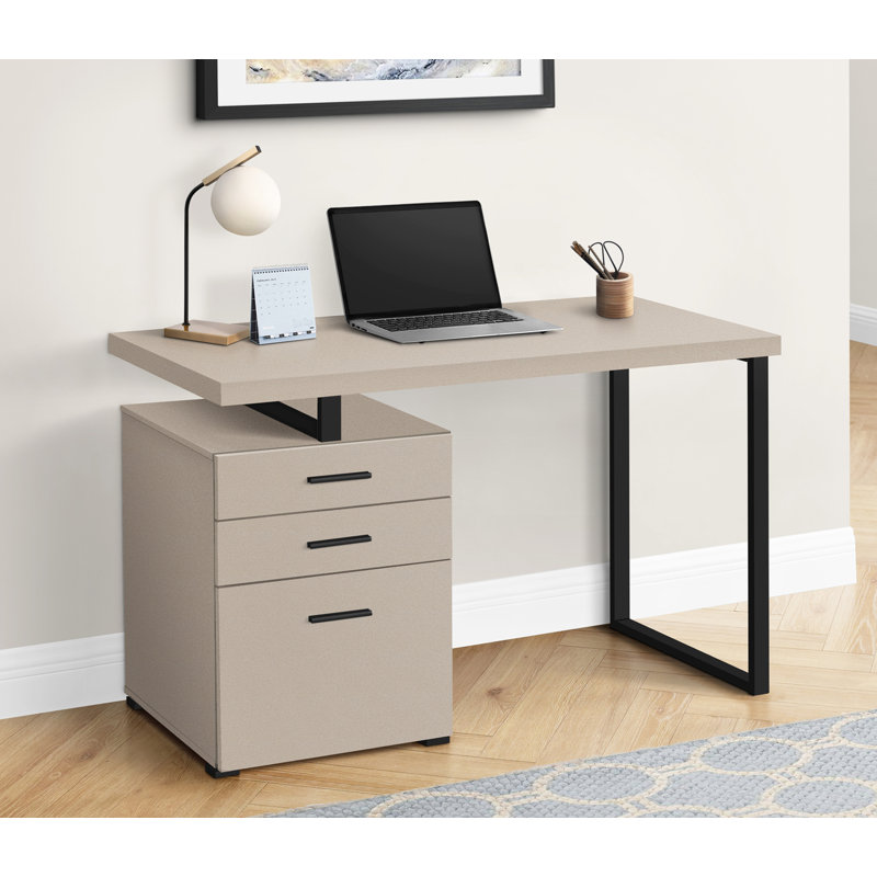 Bureau d'ordinateur contemporain réversible de 48 pouces avec rangement, stratifié beige et métal noir, idéal pour le bureau à domicile