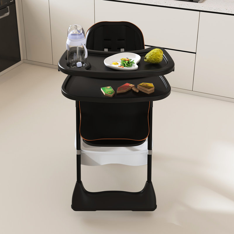 Chaise haute ajustable pour enfants de 0 à 6 ans, avec tablette double amovible, système d'alimentation à 5 niveaux, ceinture et roulettes silencieuses verrouillables, noire.
