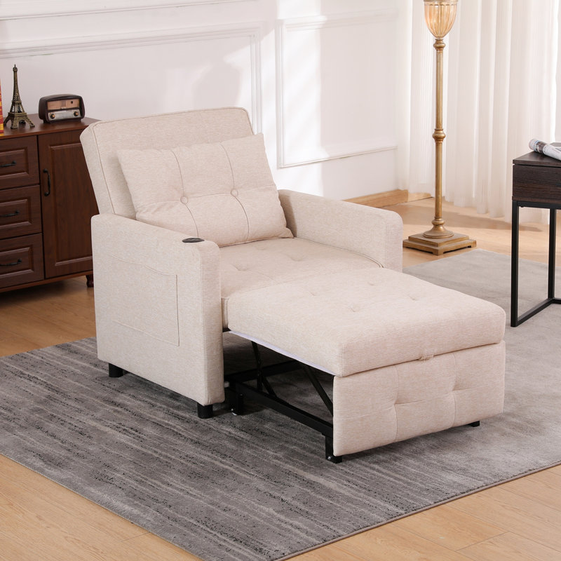 Sleeper Chair 3-In-1 Convertible Chair Bed Pull Out Sleeper Chair Beds Adjustable Single Armchair Sofa Bed, Beige Linen