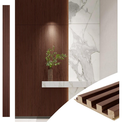 Ensemble de panneaux muraux en bois de lattes noyer - 4 panneaux + garniture d'extrémité, décoration intérieure et de plafond moderne de 108 po x 5,7 po, panneaux de bois acoustique faciles à installer pour le bureau à domicile, le salon, la chambre à coucher