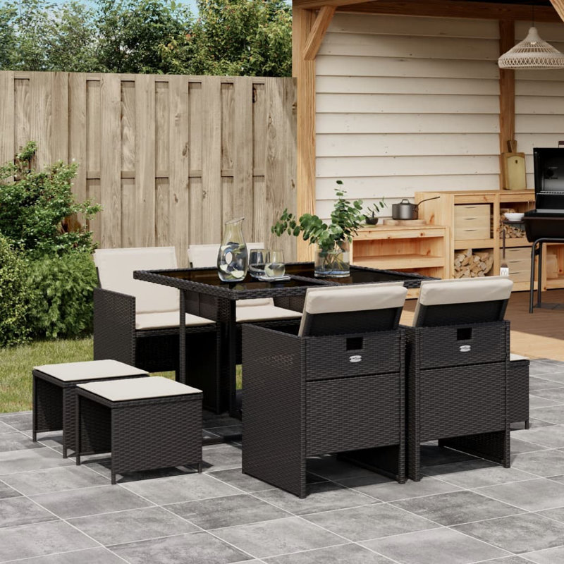Hokku Designs 11 Piece Patio Dining Set With Cushions Gray Poly Rattan, Black, White