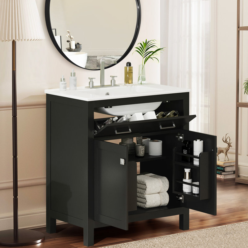 30" Bathroom Vanity With Ceramic Sink,single Bathroom Cabinet With 2 Doors And A Shelf, Silver, Black