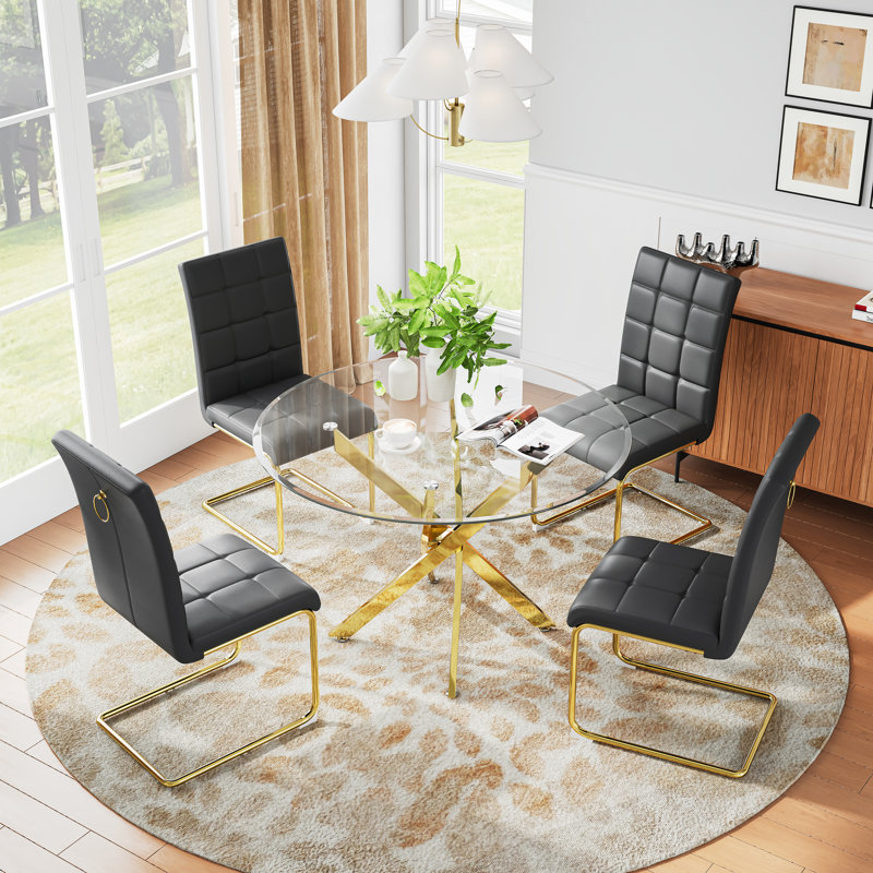 5 - Piece Glass Top Dining Set (set Of 5), Gold, Black/Gold