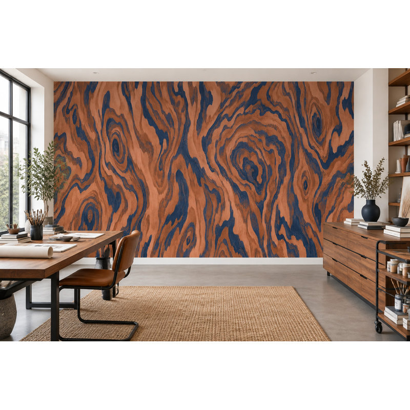 Swirled Wood Grain Wallpaper Navy Veining Wall Mural, 200"x120", Peel and Stick