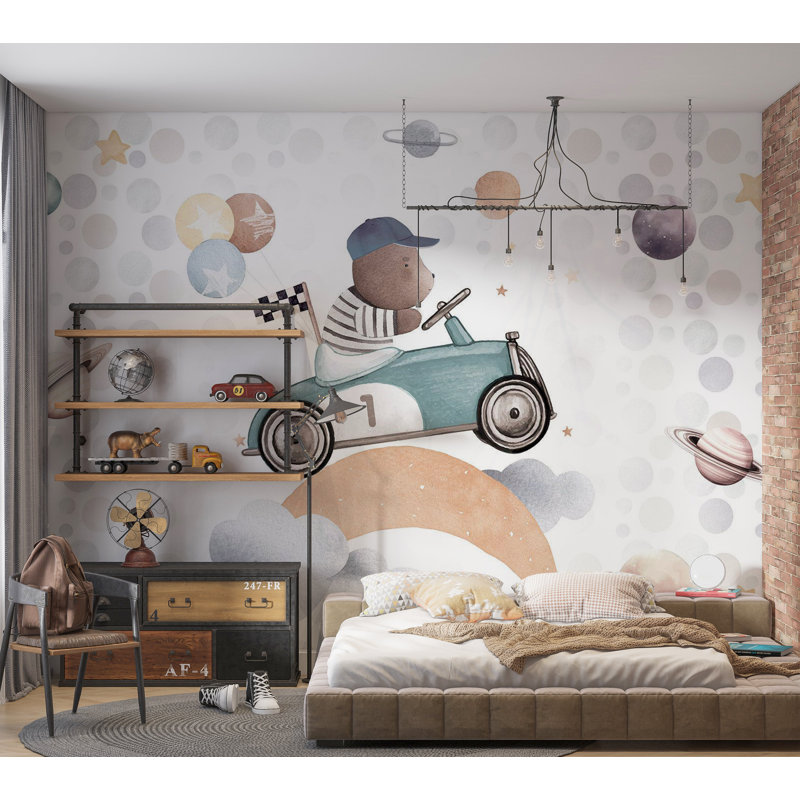 Adhésif mural pelez et collez pour enfants - Ours en peluche dans une voiture de course, L 154 po x L 110 po