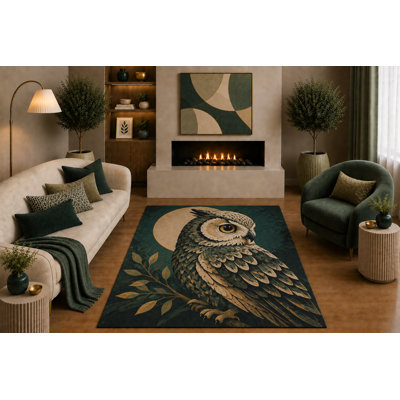 Tapis ultra-léger 152 x 213 cm vert et or à motif hibou, lune et oiseau, idéal pour le salon, la chambre ou le bureau. Dos en silicone antidérapant. Poils courts.